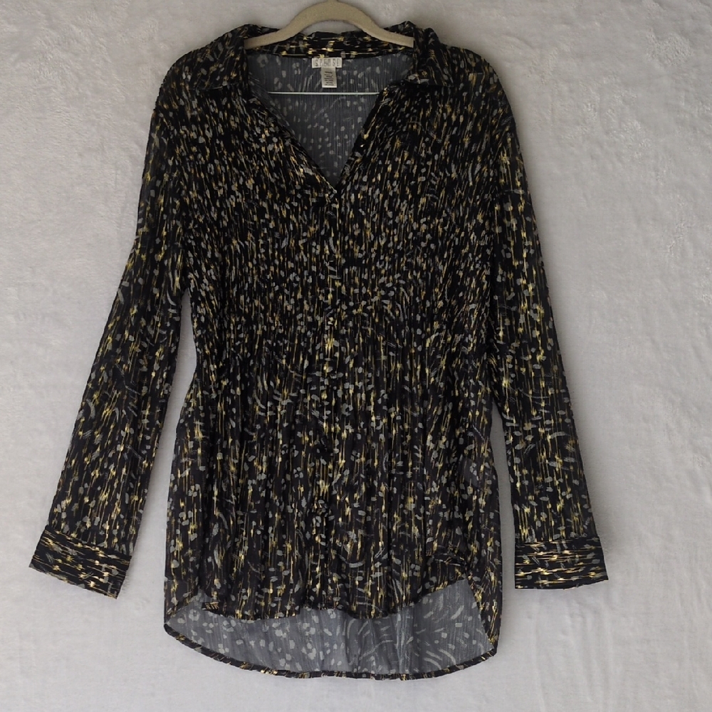 Spense Womens Black & Metallic Gold Pleated Career Button Down Blouse Size M